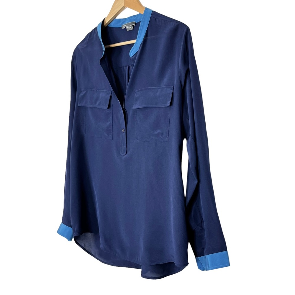 Vince Silk Contrast Split Neck Long Sleeve Popover Blouse - Picture 5 of 9
